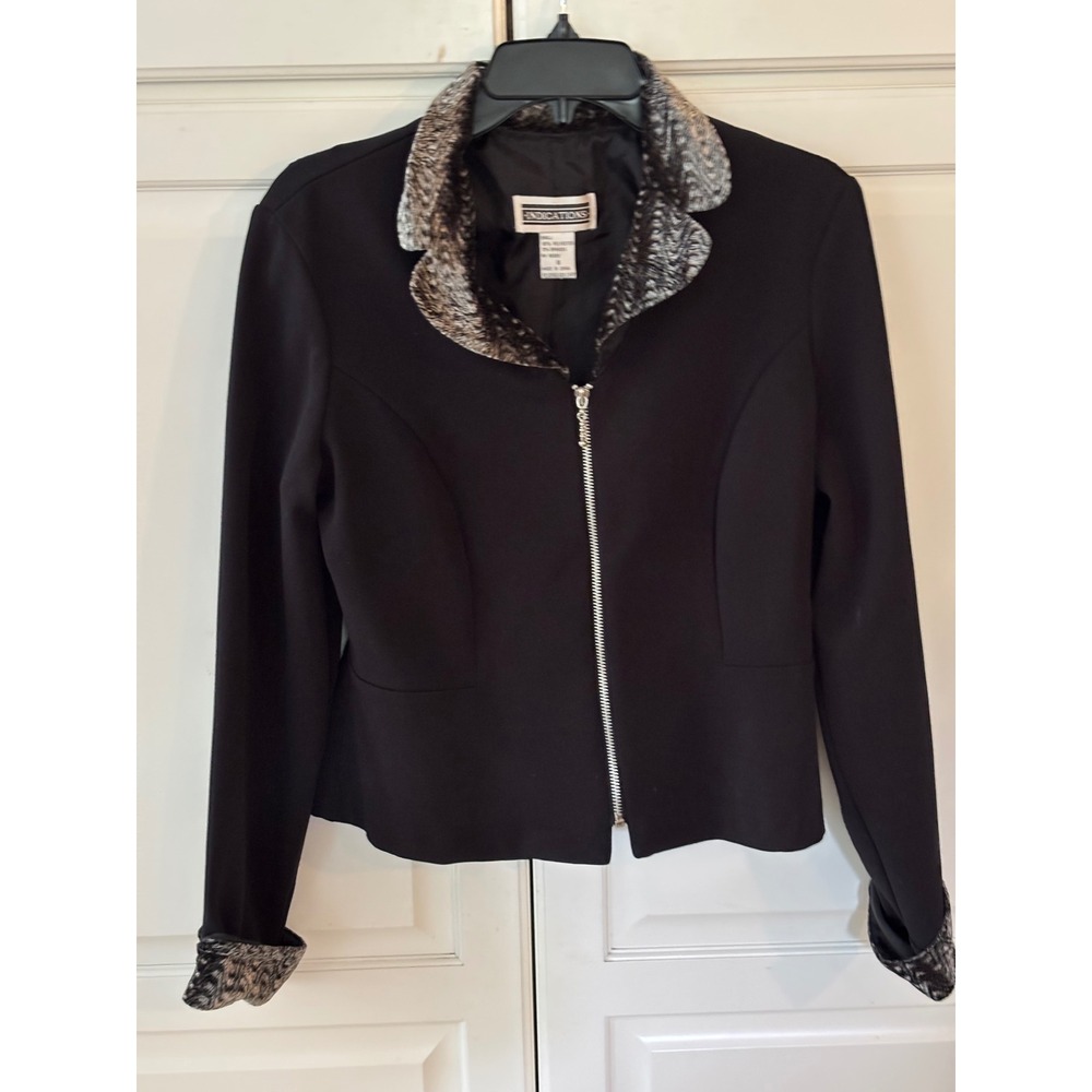 INDICATIONS Black Zipper Front Jacket Metallic Trim Blazer Women's Size‎ 8